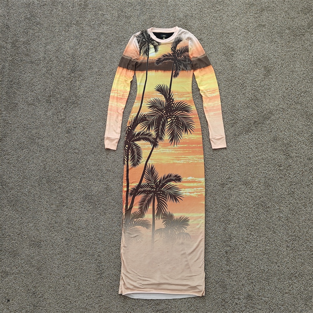 AFRM Dress‎ Womens Extra Small Sunrise Palms Maxi Bodycon Mesh Scenic Print - Picture 3 of 12